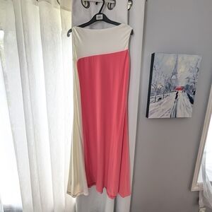 Nina Leonard Cream and Pink Asymmetrical A-Line Dress